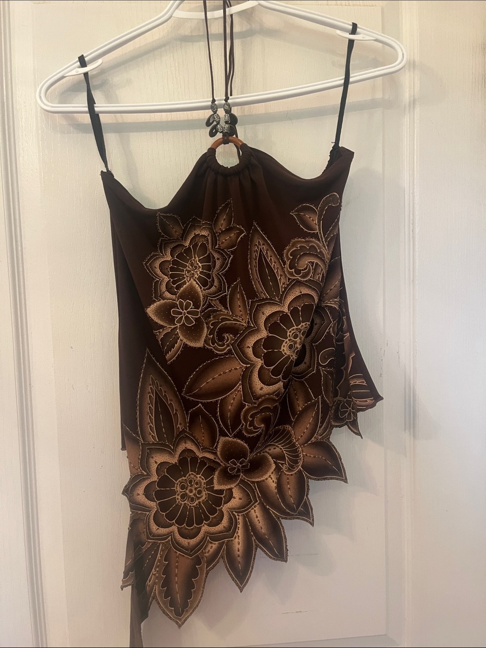 Lipstick Brown Floral Asymmetric Beaded Halter Top